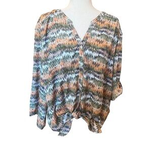 Salon Studio Plus Sized Top Multicolor Abstract Artsy Roll Tab Sleeve Size: 3X